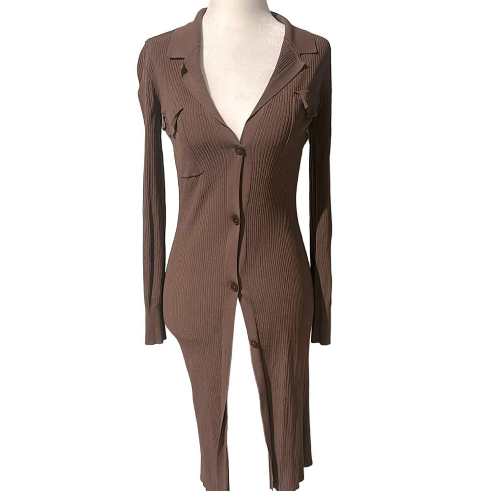 aya muse brown ribbed stretchy long cardigan